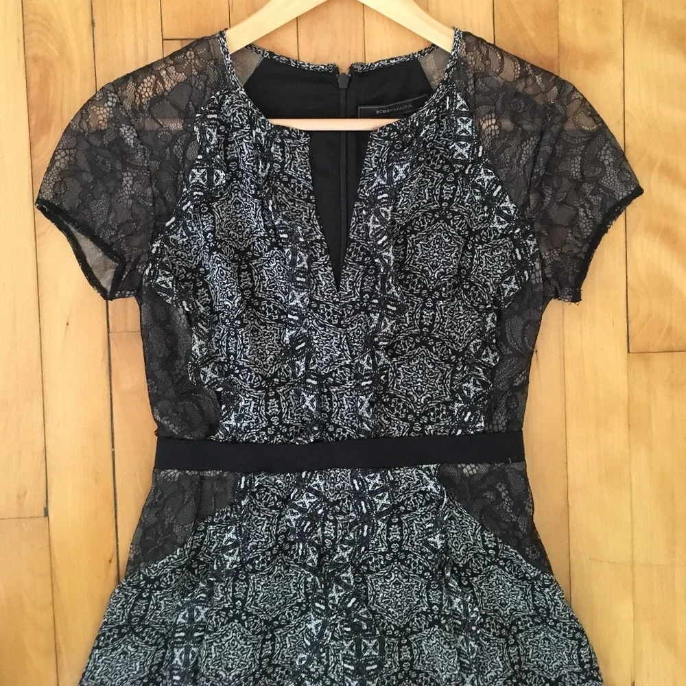 BCBGMaxAzria Stephanie Lace Printed Dress in Blue, Grey, Black Size 0